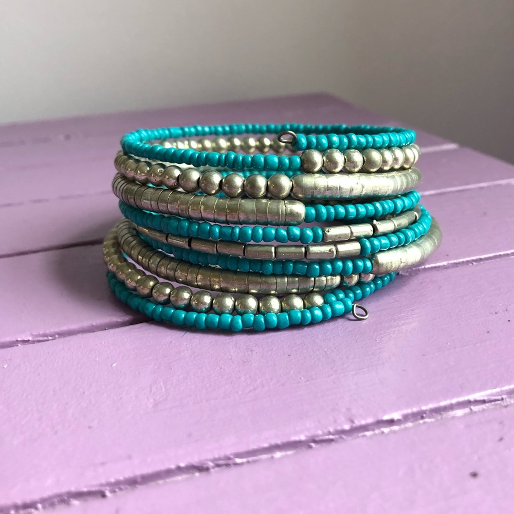 Blue and silver beaded wrap statement bracelet!